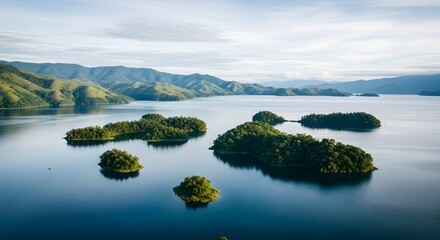 Aerial view showcases serene islands scattered across calm, reflective water, with distant mountains.