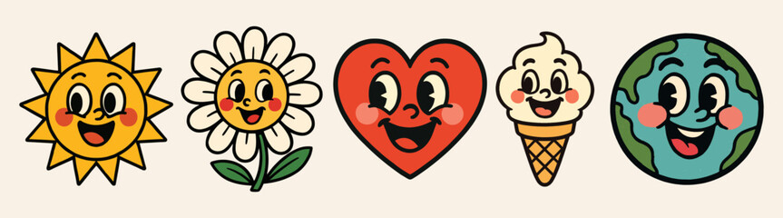 Fototapeta na wymiar Cute cartoon icons smiling sun, daisy, heart, ice cream, and Earth, bright colors, cheerful expressions, playful design vector set element, isolated on beige.