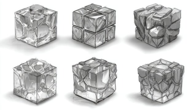 Six grayscale cube studies, varying rock textures