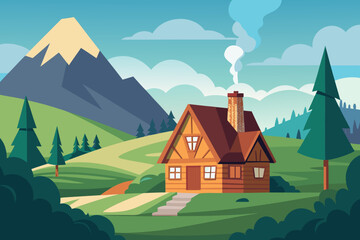 Cozy wooden cabin nestled in a serene mountain landscape with smoking chimney