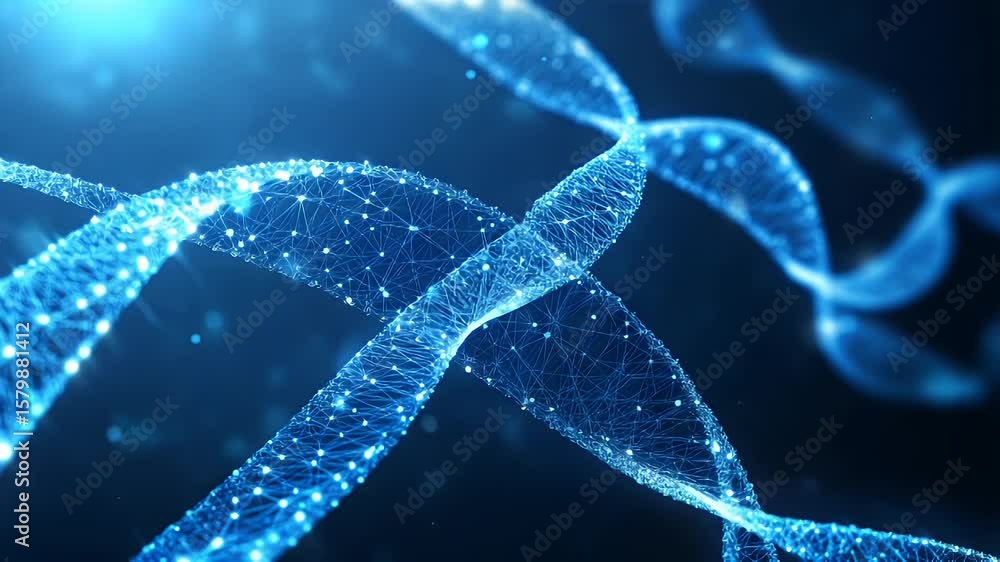 Poster abstract representation of dna helix, using glowing network of points and lines, in deep blue