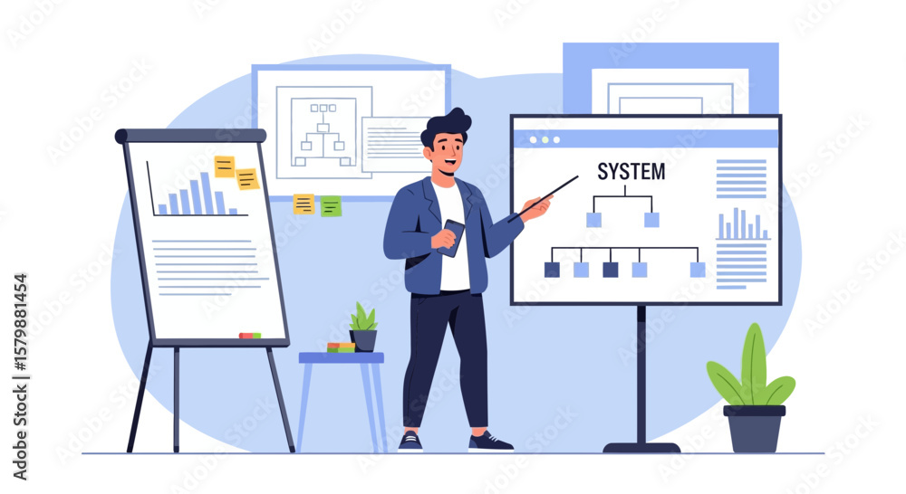 Poster professional presenter explaining system processes on a screen with diagram