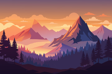 Vibrant sunset paints majestic mountains and pine forest in warm colors © Yeasin