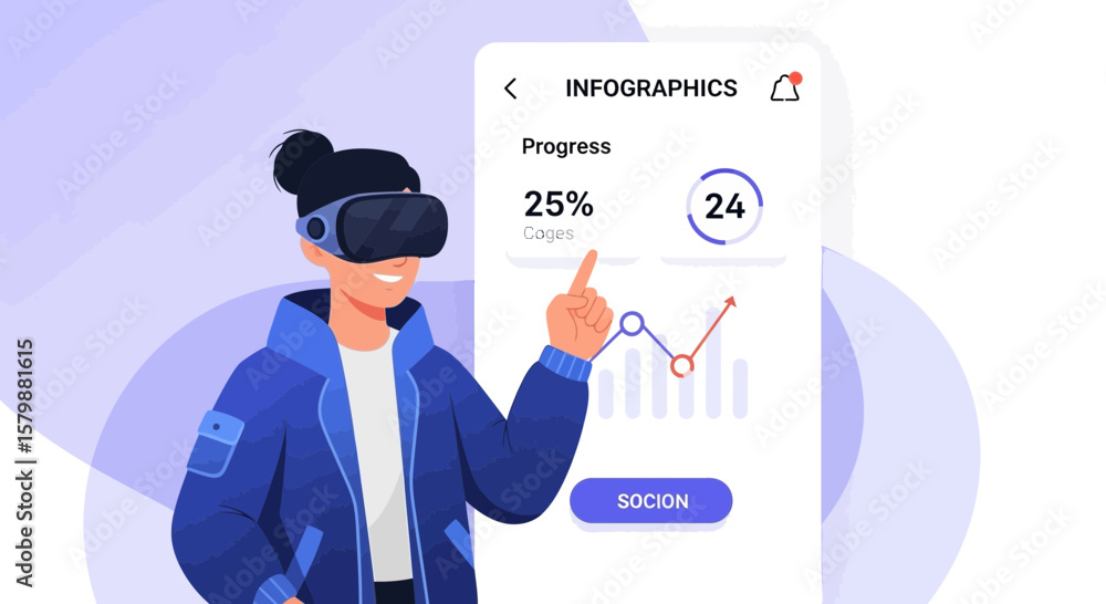 Poster woman using vr interface experiencing immersive statistical analysis simulation