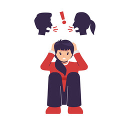 crying teenager sitting curled up with parent fighting ague, Domestic Dispute Vector Illustration.