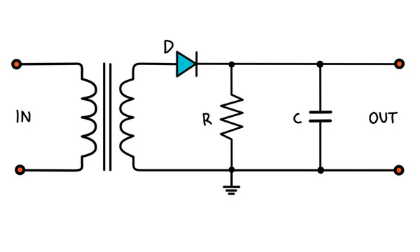 Half-wave rectifier circuit with filter capacitor converting AC to DC.