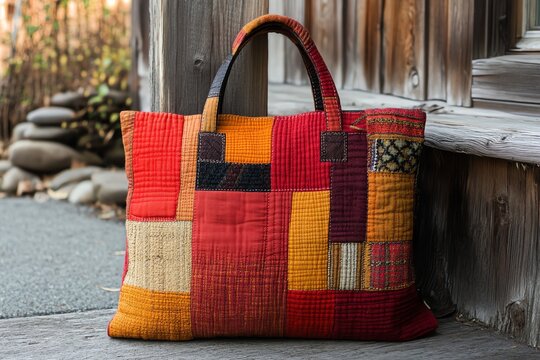 Colorful Quilted Tote Bag with Patchwork Design in Warm Red Yellow and Orange Tones