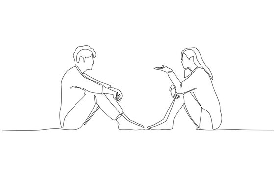 Continuous one line drawing of couple sitting face to face and talking to understand each other, conflict resolution and openness in relationship concept, single line art 