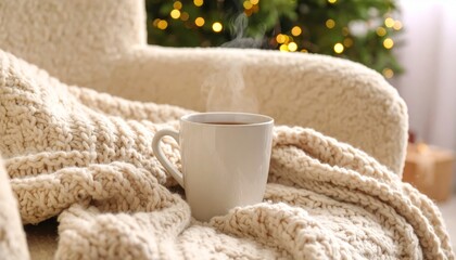 Cozy corner with a soft armchair and a steaming mug on a woven blanket