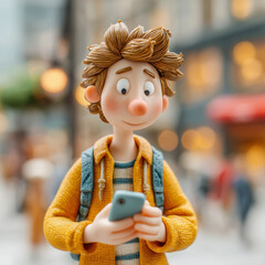 A cartoon boy is looking at his cell phone while walking down the street. He is wearing a yellow jacket and has a backpack on. The scene is set in a busy city with many people walking around