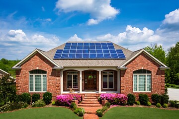 Red brick house with blue solar panels and pink flowers under a blue sky home residential