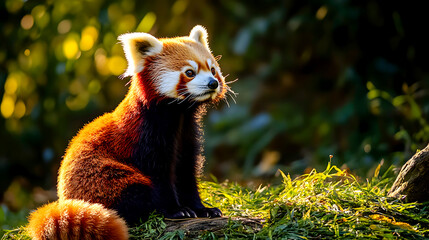 Obraz premium Red Panda Sitting Sunlight Patch