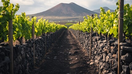 Obraz premium Vineyard rows, volcanic soil, distant volcano