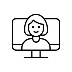 Woman on video call smiling in front of computer screen, concept of Active Longevity, Active Aging  