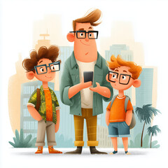 A man with glasses is holding a cell phone while two children stand behind him. Concept of family togetherness and the importance of staying connected through technology