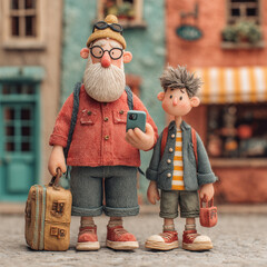 A man and a boy are standing on a street, the man holding a cell phone. The boy is wearing a backpack and a striped shirt. The scene is set in a city, with buildings in the background