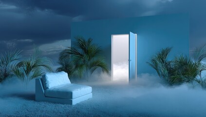 Night scene, open door, chaise lounge
