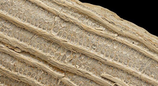 Close-up view of fossilized plant stem showing detailed cellular structure and parallel striations.