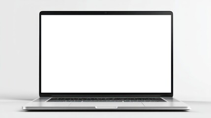 Fototapeta premium Front view of a sleek silver laptop with thin bezels and blank white screen, centered on clean white background, minimal shadow, perfect for UI/UX mockups and tech ads