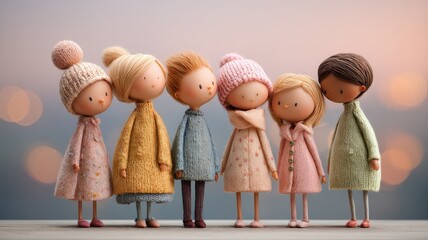 Group of small, pastel-colored dolls standing together in a soft, whimsical setting