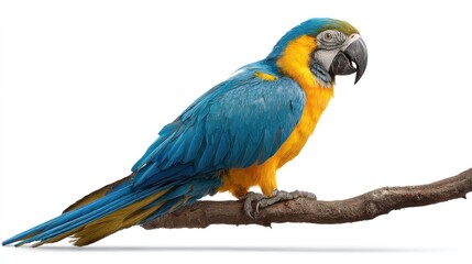 Fototapeta premium Vibrant blue and yellow macaw perched calmly, fully isolated on a clean white background, detailed feathers, sharp focus, perfect for wildlife content and educational visuals