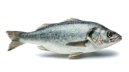 Naklejka premium Side view of raw sea bass fish, silver-gray color with subtle blue hues, sharp detail of texture and natural shadow, isolated on white, suitable for menu or packaging
