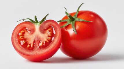 Studio shot of tomato duo - one whole and one halved - arranged diagonally on bright white background, crisp color, juicy center, perfect for healthy food ads