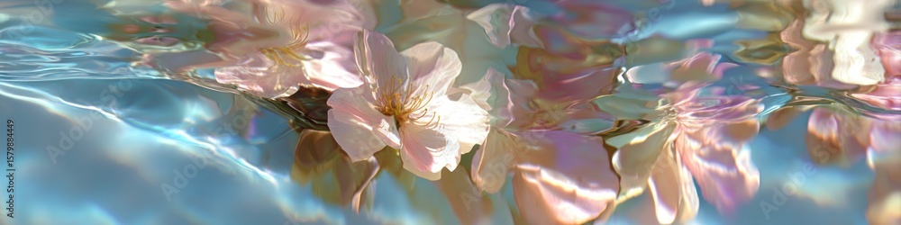 Poster close up shot of light pink flowers under water with reflections and light rays creating a soft effe