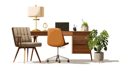 Home office setup with laptop, mid-century modern desk lamp, cushioned swivel chair, and neutral-tone furniture, fully isolated on white background for lifestyle or remote work content