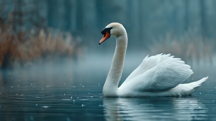 Fototapeta premium Graceful swan swimming on a misty lake, serene and elegant