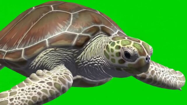 A large sea turtle gracefully swims against a vibrant green backdrop.Video 4 K