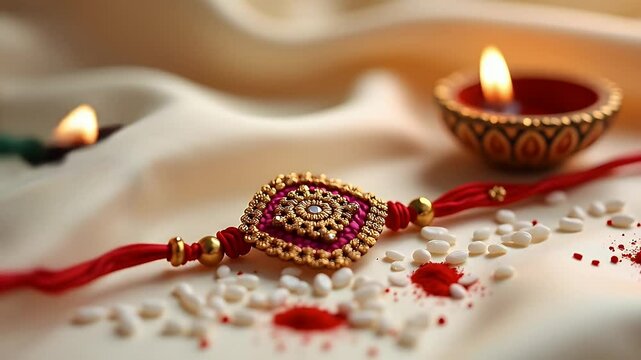 A close-up shot of a beautifully designed rakhi placed on a silk fabric with rice grains, roli (kumkum), and diya around &mdash; symbolizing tradition, celebration, and sibling love.
