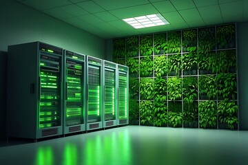Server racks with glowing green lights beside a living green wall technology data