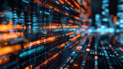 Futuristic digital data stream flowing through a city at night.