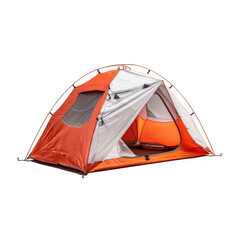 Orange and white camping tent open