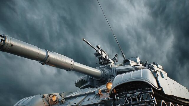 Powerful Tank on Battlefield under Dramatic Sky with Dark Clouds and Intense Atmosphere