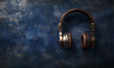 Vintage brown leather headphones mockup on textured blue background

