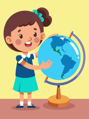 Fototapeta premium Little girl with brown hair, wearing a blue shirt and green skirt, joyfully pointing at a globe during a geography lesson, showcasing curiosity and engagement in learning