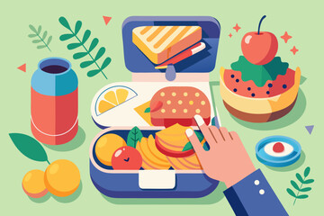 Lunchbox preparation with colorful sandwich, fresh fruit, and cookie, hand placing items in a vibrant scene, showcasing healthy meal options and organization