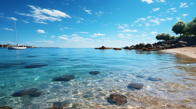 Calm turquoise sea, sandy beach, sailboat, and rocky coast under a sunny sky.