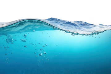 Close up of clear blue water with rising bubbles and gentle waves isolated on transparent background