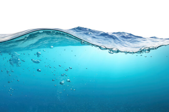 Close up of clear blue water with rising bubbles and gentle waves isolated on transparent background