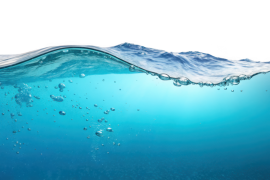 Close up of clear blue water with rising bubbles and gentle waves isolated on transparent background