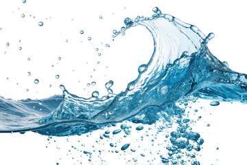 Dynamic blue water wave splash with droplets and bubbles isolated on transparent background