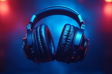 Black over ear headphones mockup suspended in blue and red lighting

