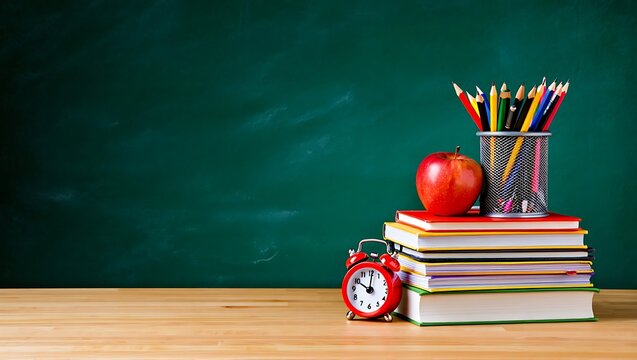 Stacked books with apple pencils and alarm clock on wooden desk against green chalkboard image