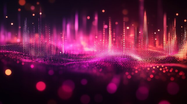 Abstract Pink and Purple Digital Data Waves with Light Particles in Futuristic Technology Style