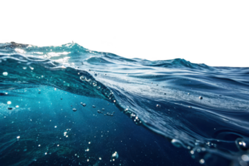 Close up underwater view of sparkling ocean waves with air bubbles and light reflections isolated on transparent background