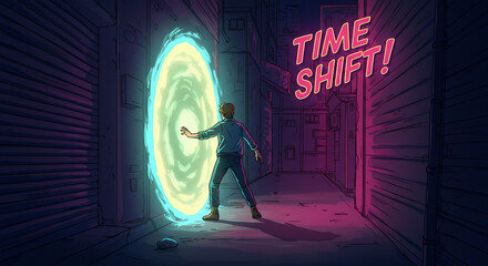 Retro Comic Time Traveler in Neon Alley