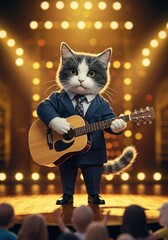 Cat in suit plays guitar on stage with audience and bright lights.